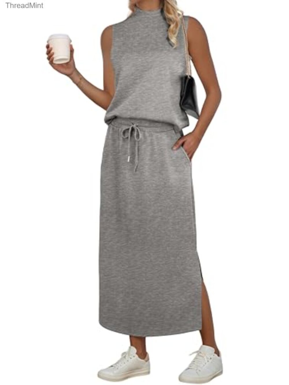 Two Piece Skirt Set Women Mock Neck Crop Top Maxi Skirt Pockets Travel Outfit